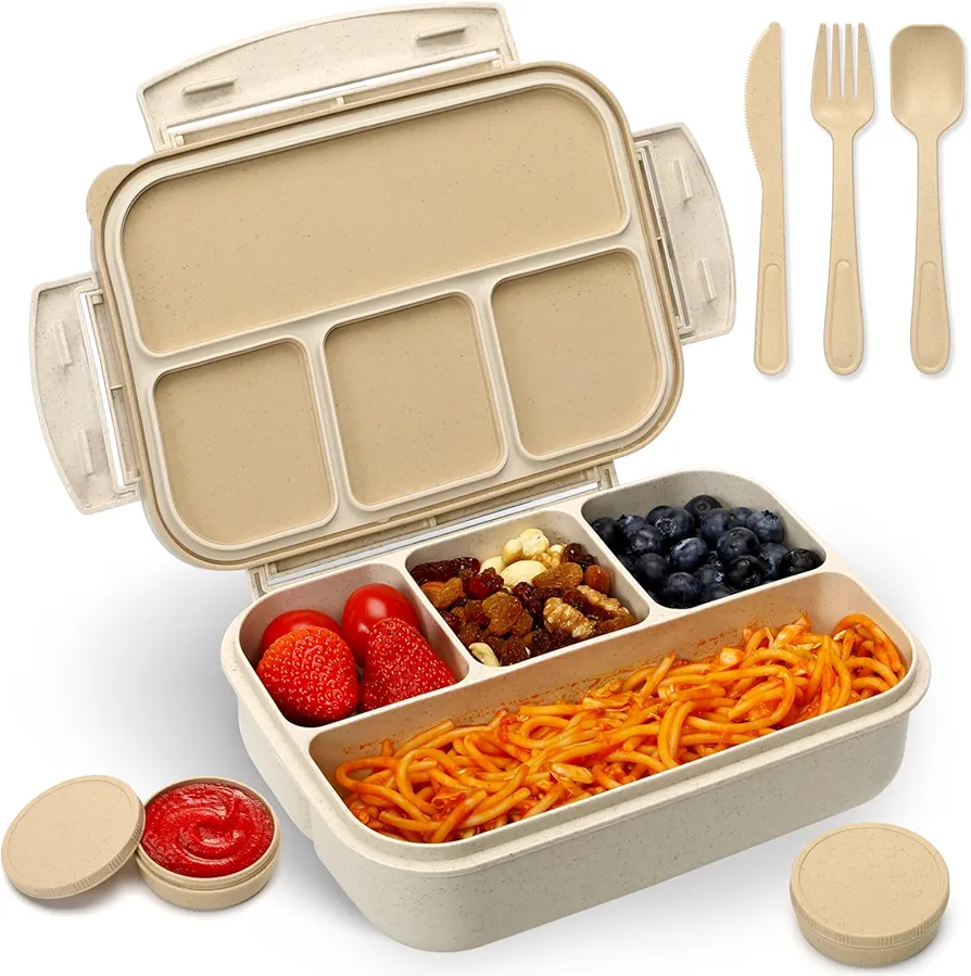 Bento Lunch Box for Kids, Wheat Straw 5.5 Cups Leakproof Adult Bento Box with 2 Sauce Jars, 4 Compartments Lunchable Snack containers, Utensils, Microwave & Dishwasher Safe (Wheat Straw Beige)