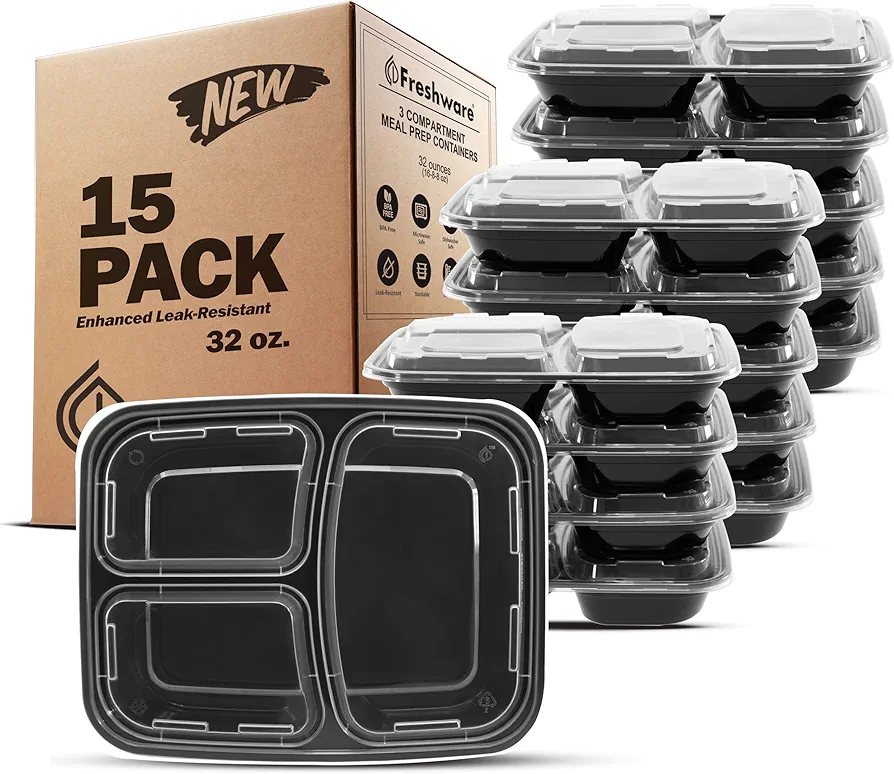 Freshware Meal Prep Containers [15 Pack] 3 Compartment with Lids, Food Containers, Lunch Box, Stackable, Bento Box, Microwave/Dishwasher Safe (32 oz)