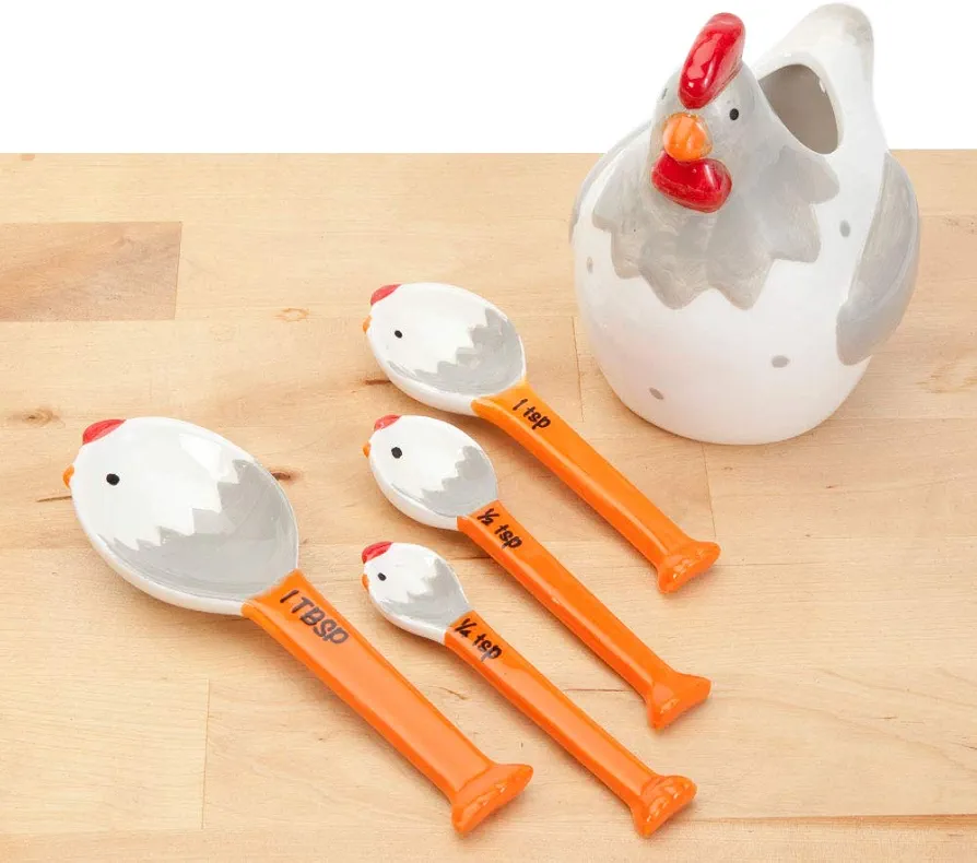 Bits and Pieces - Ceramic Chicken Measuring Spoons - Whimsical, and Practical Chicken Figurine with 4 Measuring Spoons - Adds Quirky Charm to Your Kitchen.