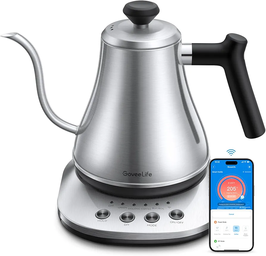 GoveeLife Smart Electric Kettle, 0.8L WiFi Gooseneck Kettle Compatible with Alexa, 5 Modes for Use, 3-minute Fast Heating and 2H Keep Warm, Auto-Shut off for Safety, Stainless Steel, Silver