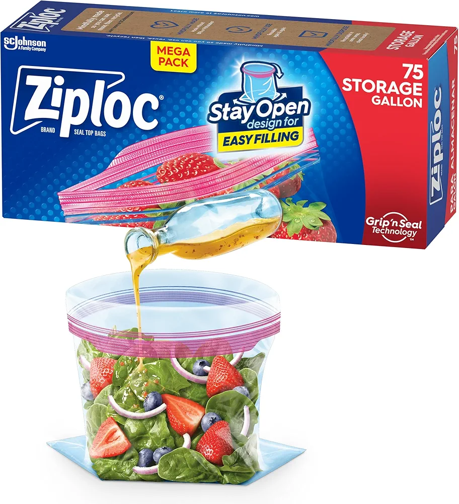 Ziploc Gallon Food Storage Bags, Stay Open Design with Stand-Up Bottom, Easy to Fill, 75 Count