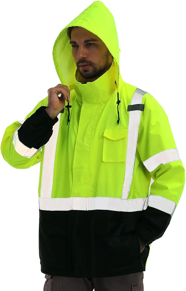 sesafety Hi Vis Rain Jacket, Rain Suits for Men Waterproof with Black Bottom, Rain Coats for Men Interior Mesh, Class 3 High Visibility Rain Gear, Removable Hood Lime (L/XL)