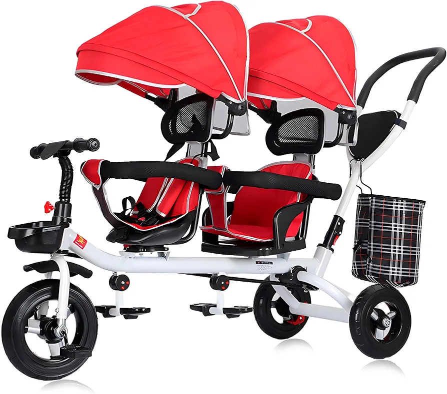 Kids Tricycle - 4 in 1 Double Seat Children's Tricycle, Toddler Pushchair, Detachable Canopy, Folding Pedals, Reversible Seat, Removable Guardrail, Suitable for 1 to 6 Years Old Children,Red