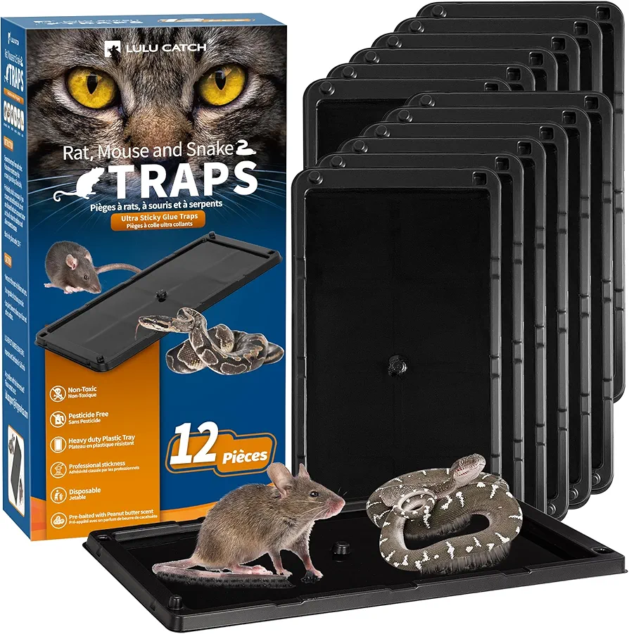 LULUCATCH Sticky Mouse Traps, 12 Pack Large Gnat Traps, Pre-Baited Heavy Duty Non-Toxic Bulk Glue Boards Rat Traps Indoor for Mole, Mice, Snakes, Rodents, Cockroaches & Spiders, Indoor & Outdoor Use