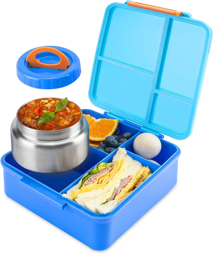 Bento Lunch Box for Kids With 8oz Soup Thermo,Leak-proof Lunch Containers with 4 Compartment,Thermo Food Jar, Food Containers for School(Cerulean)