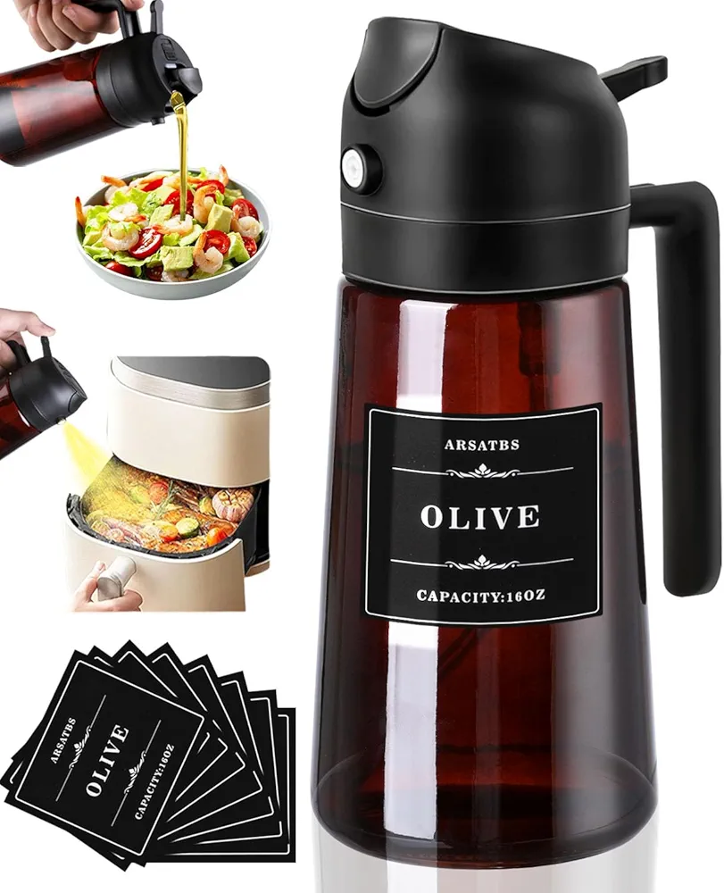 Upgrade 2 In 1 Oil Dispenser and Oil Sprayer for Cooking Glass Oil Dispenser for Kitchen 16 Oz 470 ml 2 in One 1 Glass Olive Oil Dispenser Bottle Spray and Pour for Salad, BBQ Brown