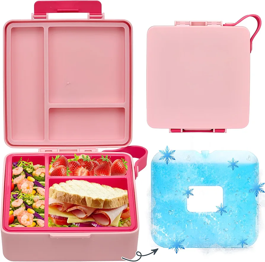 Chill Bento Lunch Box,Bento Box with Ice Pack,Leak Proof 3-Compartment Lunch Container,Ice Pack Detachable Lunch Box BPA Free, Microwave & Dishwasher Safe (Light pink)