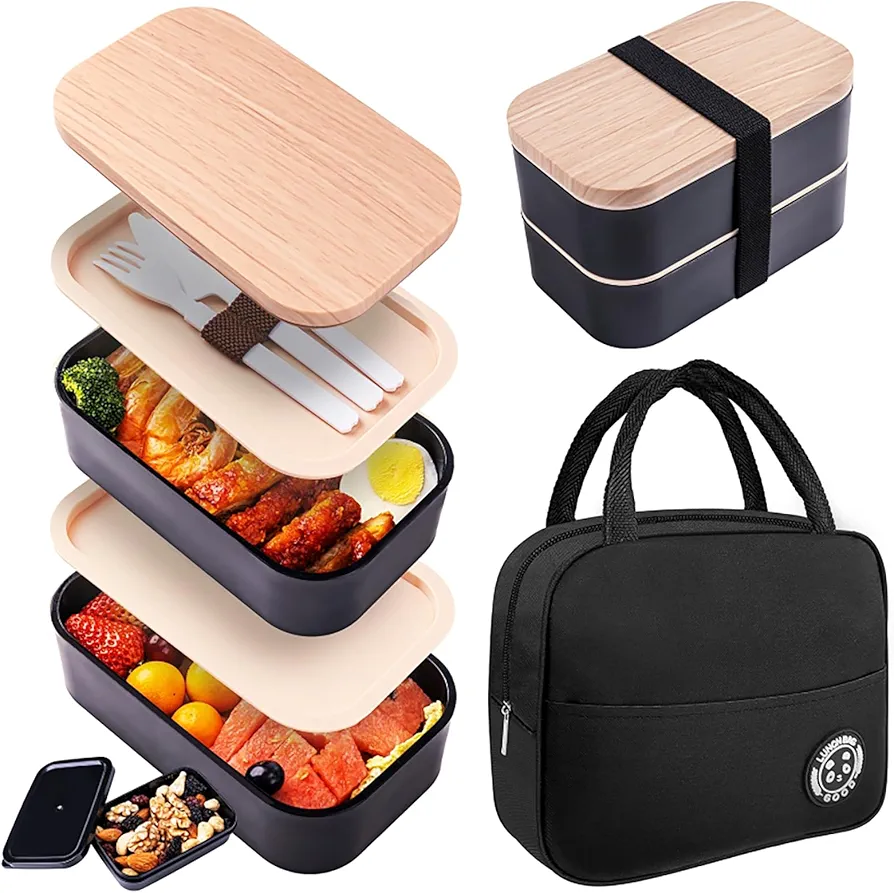 Bento Box with Lunch Bag Microwavable All-in-One Meal Prep Compartment Lunch Containers with Utensils Leak Resistant Lunch Box with Sauce Container 60oz Black