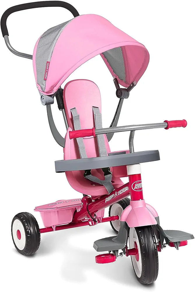 Radio Flyer 4 in 1 Stroll N Trike Versatile Infant Stroller Tricycle with Adjustable Seat for Babies 9 Months to Children 5 Years Old, Pink