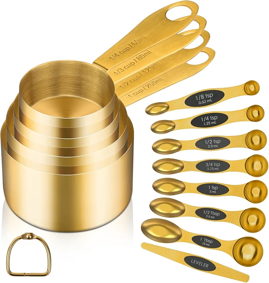 GuDoQi Gold Magnetic Measuring Spoons and Cups Set of 12, 8 Dual Sided Magnetic Measuring Spoons set with Leveler, 4 Measuring Cups, Premium Stainless Steel, Measuring for Liquid and Dry Ingredients