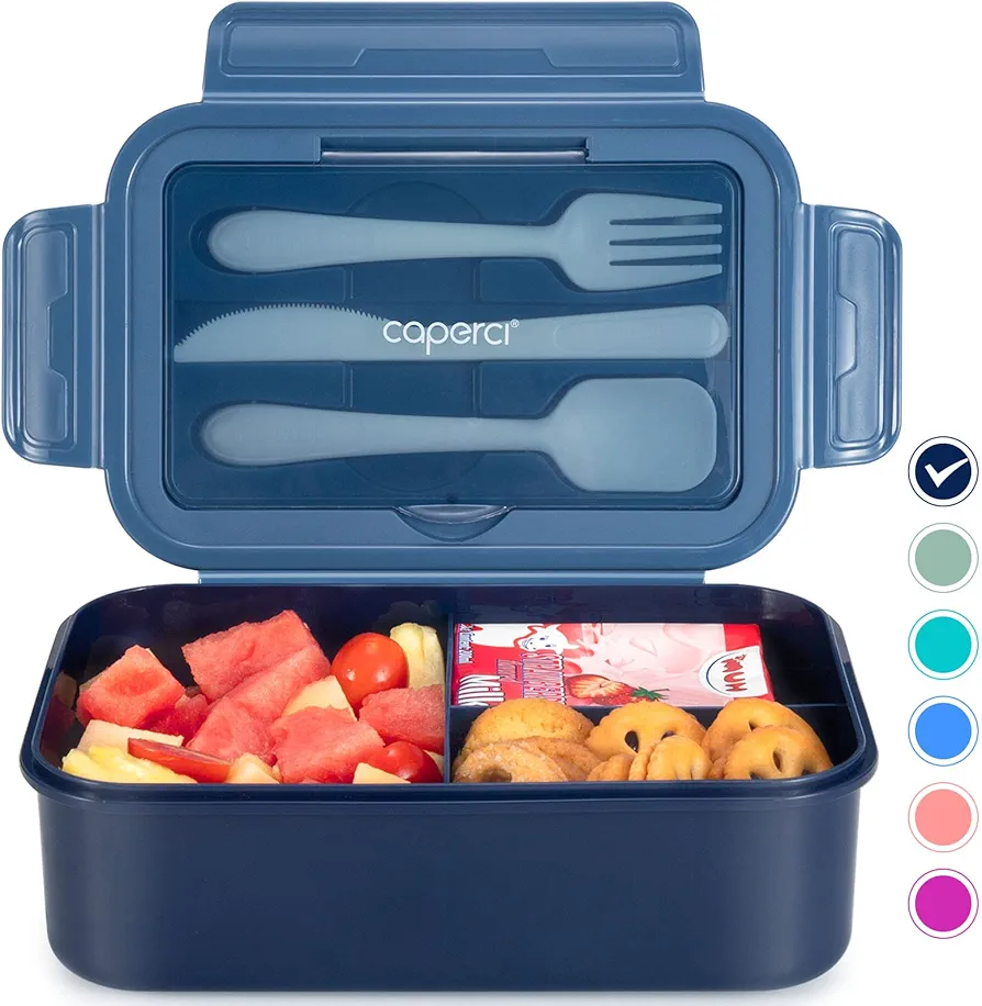 Caperci Classic Bento Box Adult Lunch Box for Older Kids - Leakpoof 47 oz 3-Compartment Containers for Adults and Teens, Built-in Utensil Set, Ideal for On-the-Go Balanced Eating, Navy Blue