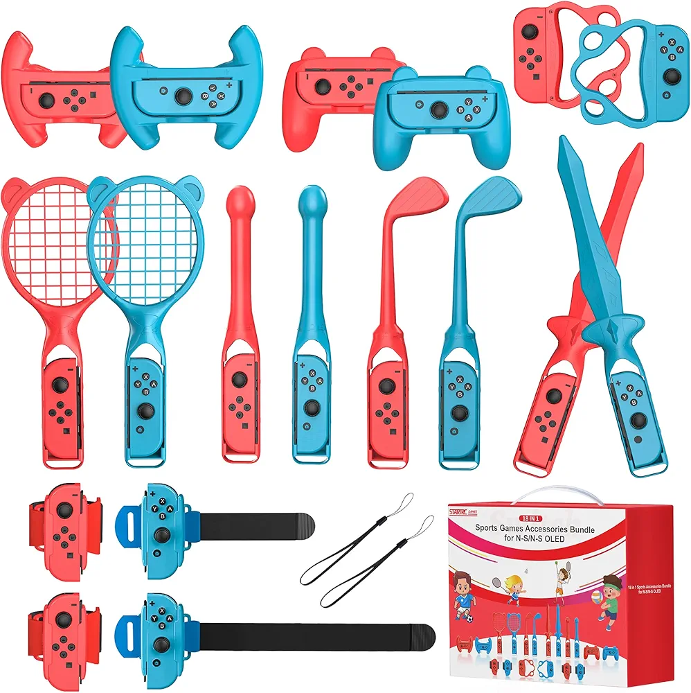 Switch Sports Accessories Bundle, 18 in 1 Sports Accessories Kit for Nintendo Switch/Switch OLED, Family Accessories Bundle Kit for Switch Sports Games with Golf Clubs, Tennis Rackets, Swords