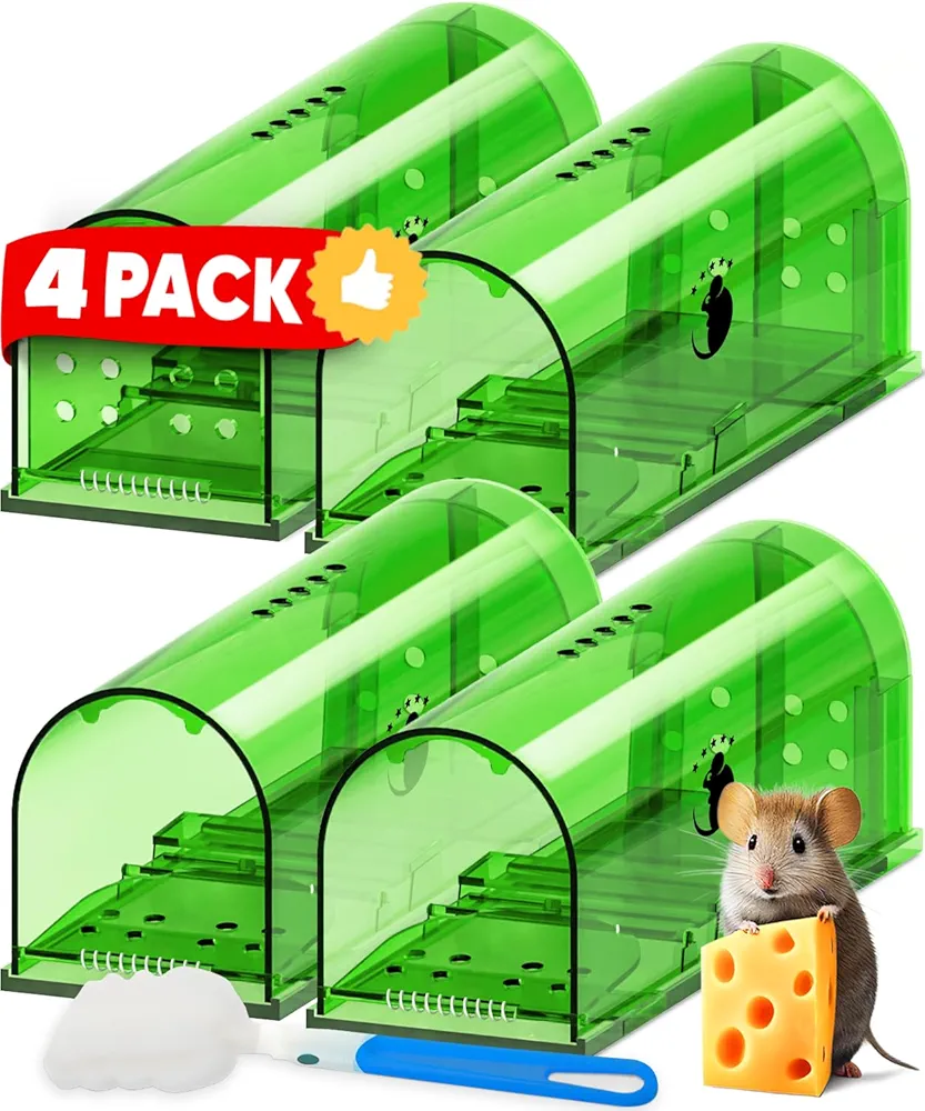 Motel Mouse Humane No Kill Live Catch and Release Mouse Traps, Reusable with Cleaning Brush - 4 Pack