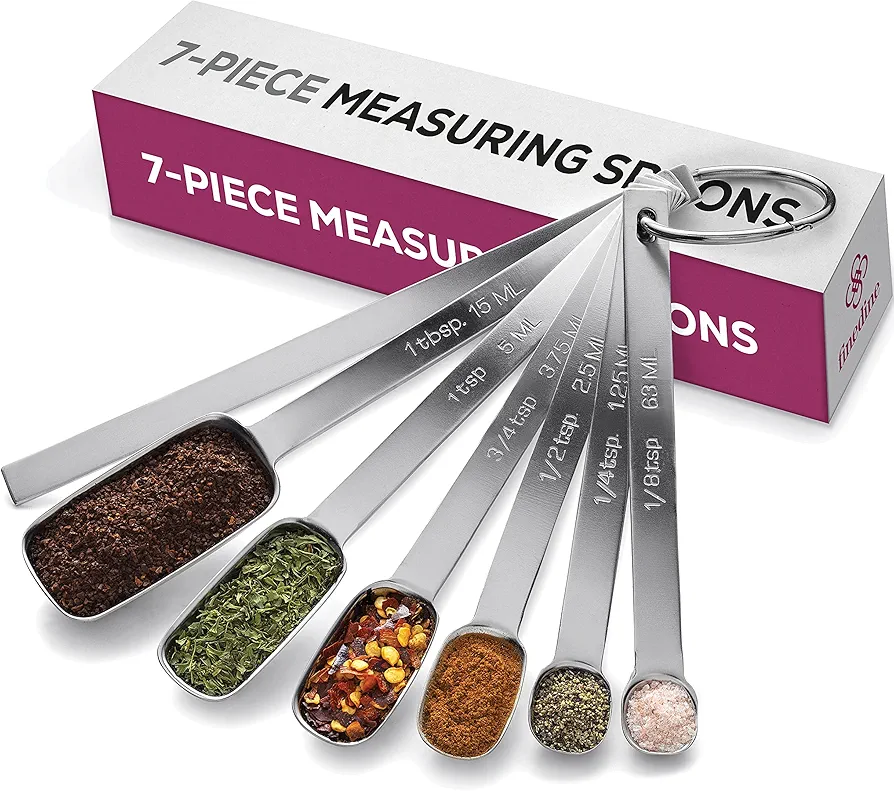 FineDine Premium Stainless Steel Measuring Spoons set - 7-Piece Kitchen Spoons With Leveler - Slim Design Fits In Spice Jars - Metal Spoon Set for Dry, Liquid Ingredients Cooking & Baking.