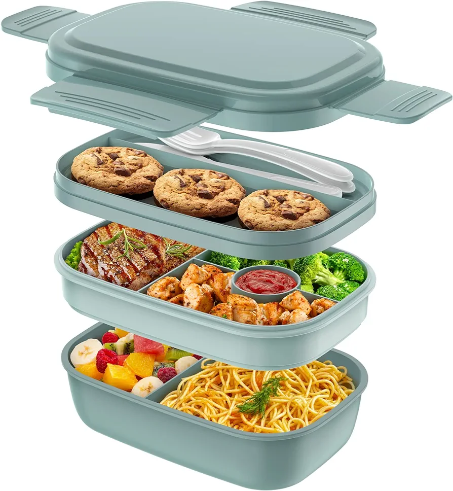 Adult Lunch Box,3 Stackable Bento Lunch Containers for Adults, Modern Minimalist Design Bento Box with Utensil Set, Leak-Proof Lunchbox for Dining Out, Work, Picnic