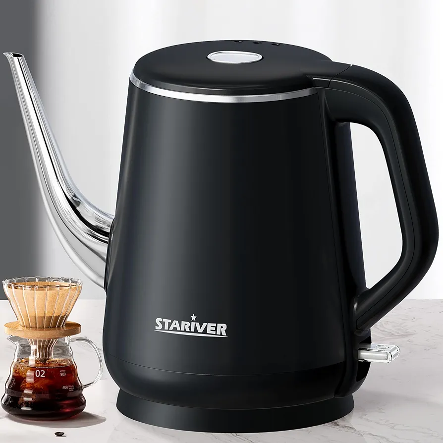 Stariver Gooseneck Electric Kettle, 0.8L Electric Tea Kettle Tea Pot, Pour Over Coffee Kettle with Stainless Steel Inner Lid & Bottom, Water Boiler with Auto Shut Off and Boil Dry Protection, Black