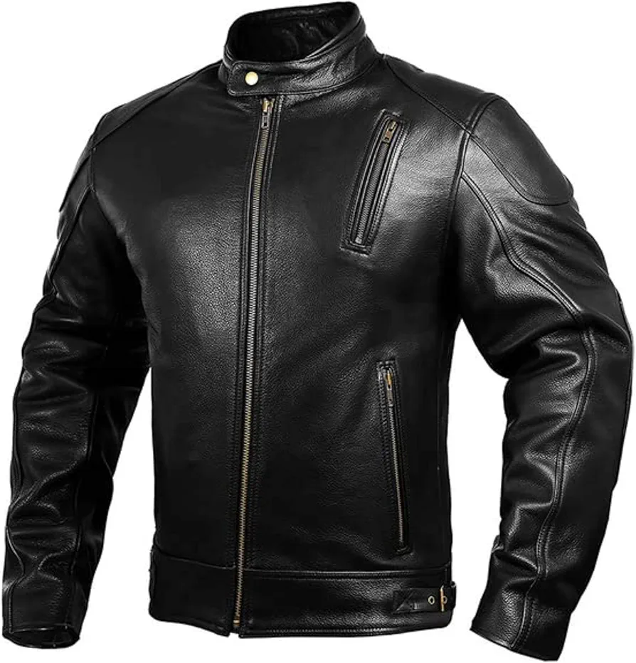 HWK Leather Motorcycle Jacket with Armor for Men, Cafe Racer Genuine Leather Jacket for Weather Resistant Enduro Motocross, Motorbike Riding, Easy Adjust Men's Motorcycle Jacket, Small