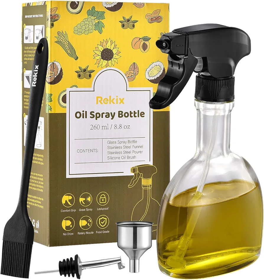 Rekix Glass Oil Spray Bottle, 8.8oz Oil Sprayer for Cooking, Large Olive Oil Sprayer, Oil Mister for Air Fryer, BBQ, Kitchen Oil Spritzer, Cooking Spray Bottle Gift Set