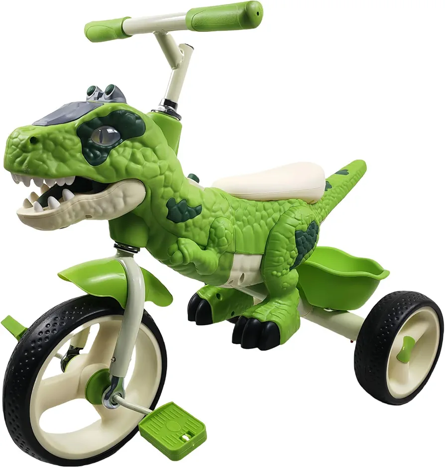 Kids Tricycle for Rider 2-6, Dinosaur Kids Trike Big Wheel Outdoor Preschool Daycare Kids Bike with Storage Basket, Inflatable-Free Rubber Tires, Gift for Boys and Girls