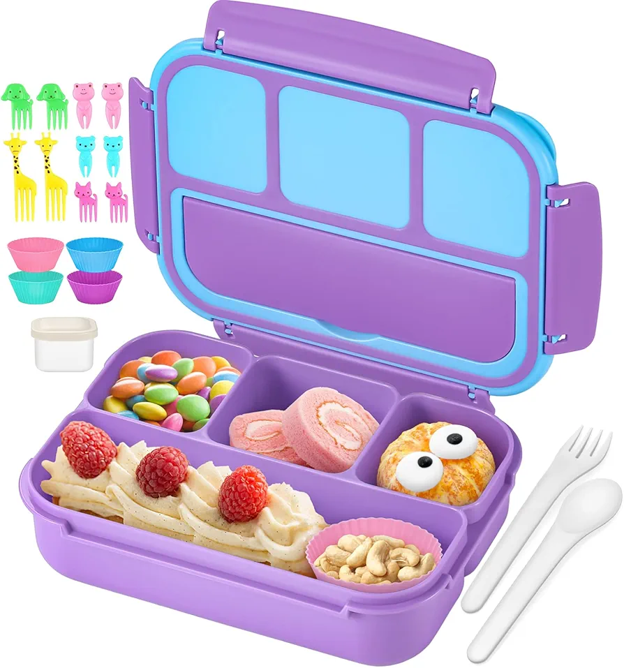 QQKO Bento Lunch Box with 4 Compartments, Sauce Container, Utensils, Food Picks and Muffin Cups for School - Purple