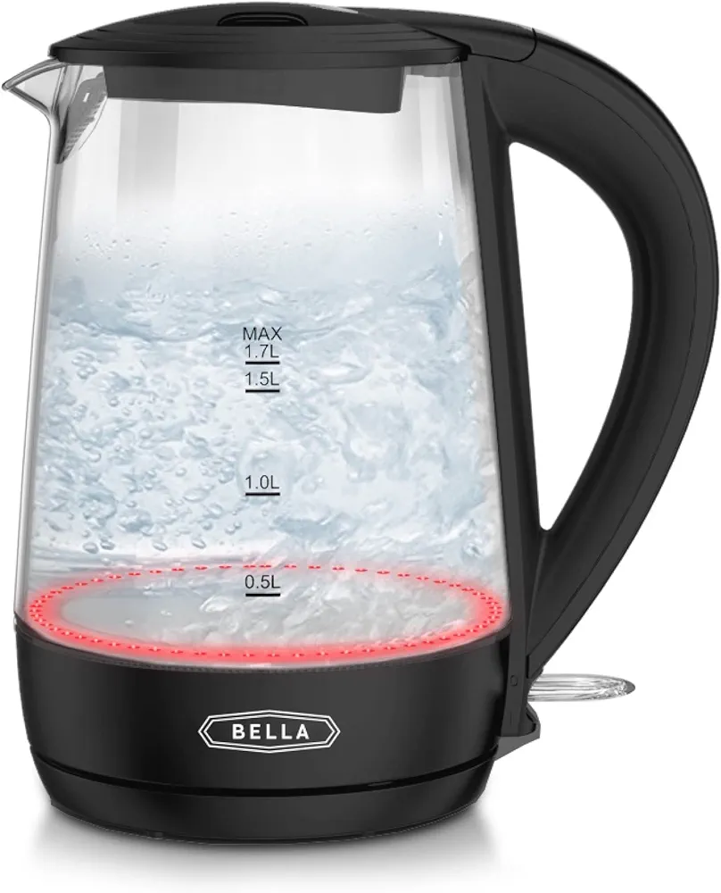 BELLA 1.7 Liter Glass Electric Kettle, Quickly Boil 7 Cups of Water in 6-7 Minutes, Soft Red LED Lights Illuminate While Boiling, Cordless Portable Water Heater, Carefree Auto Shut-Off, Black