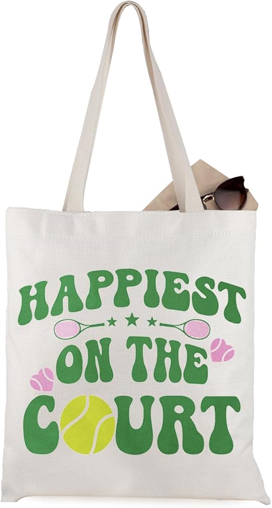 WCGXKO Tennis Gift Happiest On The Court Tennis Sports Bag Tote Bag for Women (T-HappiestCourt)