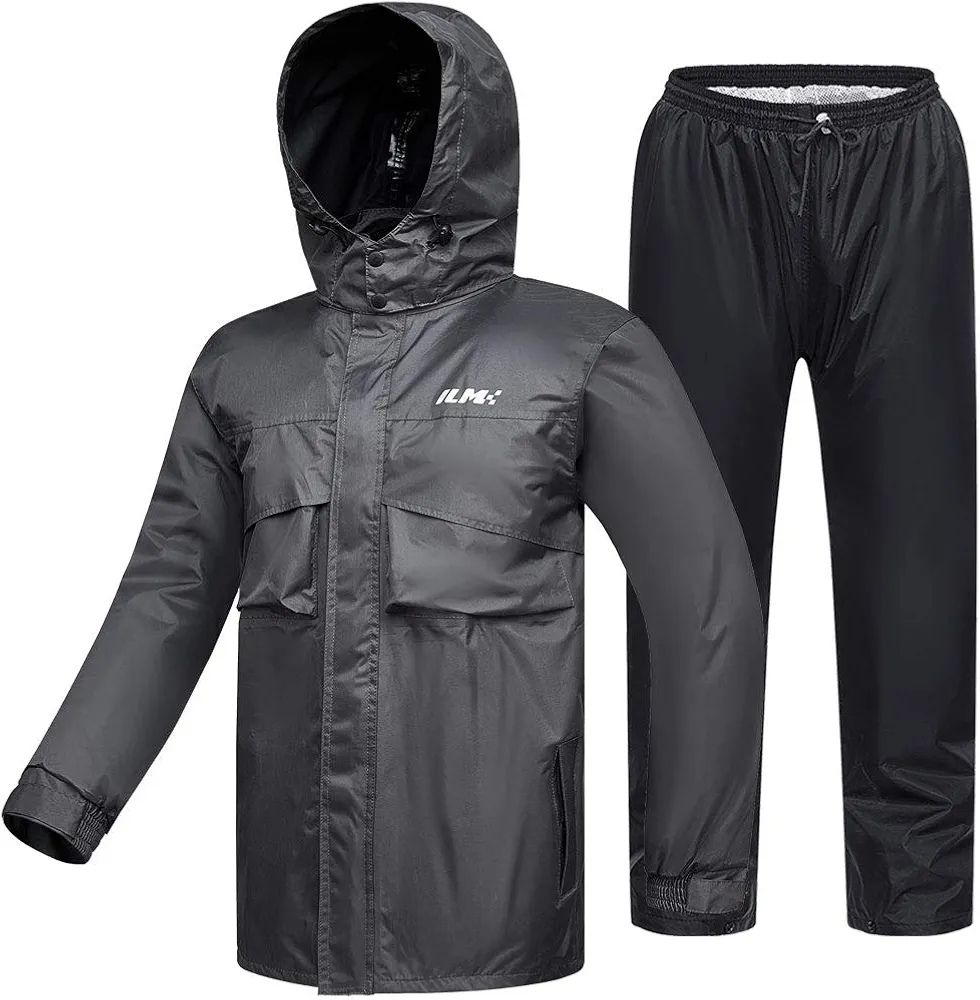 ILM Motorcycle Rain Suit for Men Waterproof Wear Resistant Protective Rain Gear 6 Pockets 2 Piece Set with Jacket and Pants Model RS02-Men (Men's Large, Gray)