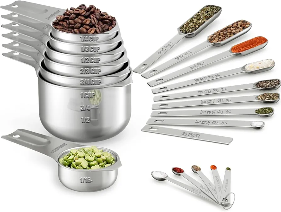 Wildone Measuring Cups & Spoons Set of 21 - Includes 7 Stainless Steel Nesting Cups, 8 Measuring Spoons, 1 Leveler & 5 Mini Measuring Spoons, Ideal for Dry and Liquid Ingredients