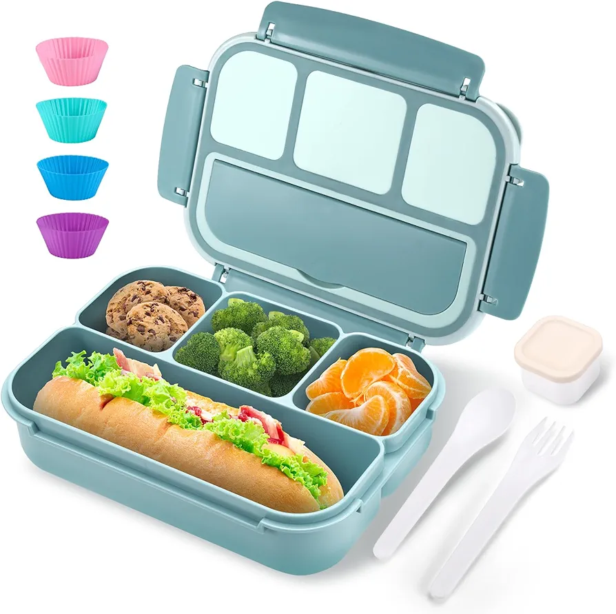 Bento Box Adult Lunch Box for Men Women, Bento Lunch Box for Kids Boys Girls School, Lunch Containers for Adults with 4 Compartments, Utensil Set, Sauce Container, Muffin Cup, Green