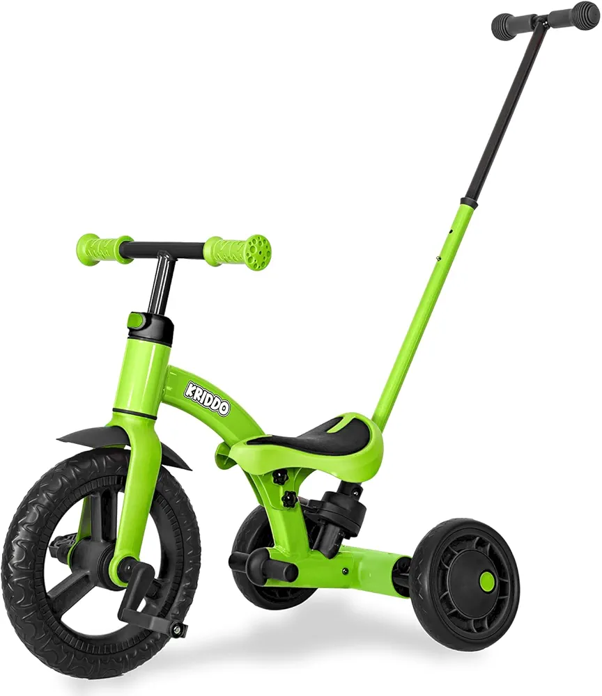 KRIDDO 4-in-1 Kids Tricycle for 1.5 to 3 Yea Old with Parent Steering Push Handle, 12 Inch Front Wheel Trike, Toddler Balance Bike for Boys Girls 18 Month to 3 Years, Adjustable Height, Green