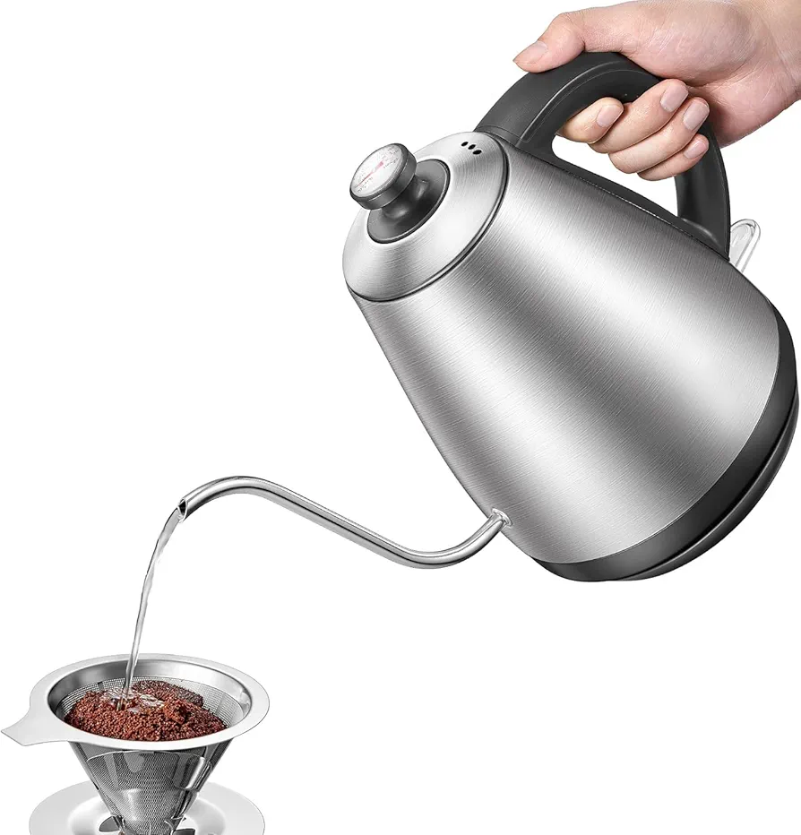 Electric Gooseneck Kettle with Coffee Dripper, Pour Over Coffee Kettle for Coffee & Tea, Hot Water Boiler with Thermometer, Stainless Steel, Auto Shut-off, 1000W/1L