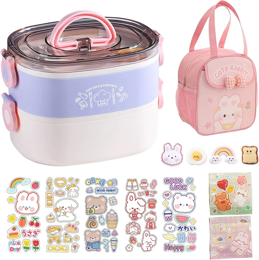 Kawaii Bento Box Bento Lunch Box with Lunch Bag,Tableware,Biscuit bags,2 Layers Stacked Leakproof Cute Lunch Box,for Travel,Office,Gym. (purple)