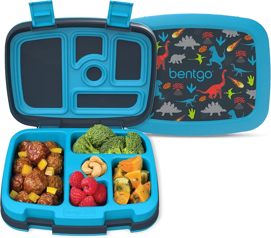 Bentgo Kids Prints Leak-Proof, 5-Compartment Bento-Style Kids Lunch Box - Ideal Portion Sizes for Ages 3-7, Durable, Drop-Proof, Dishwasher Safe, & Made with BPA-Free Materials (Dinosaur)