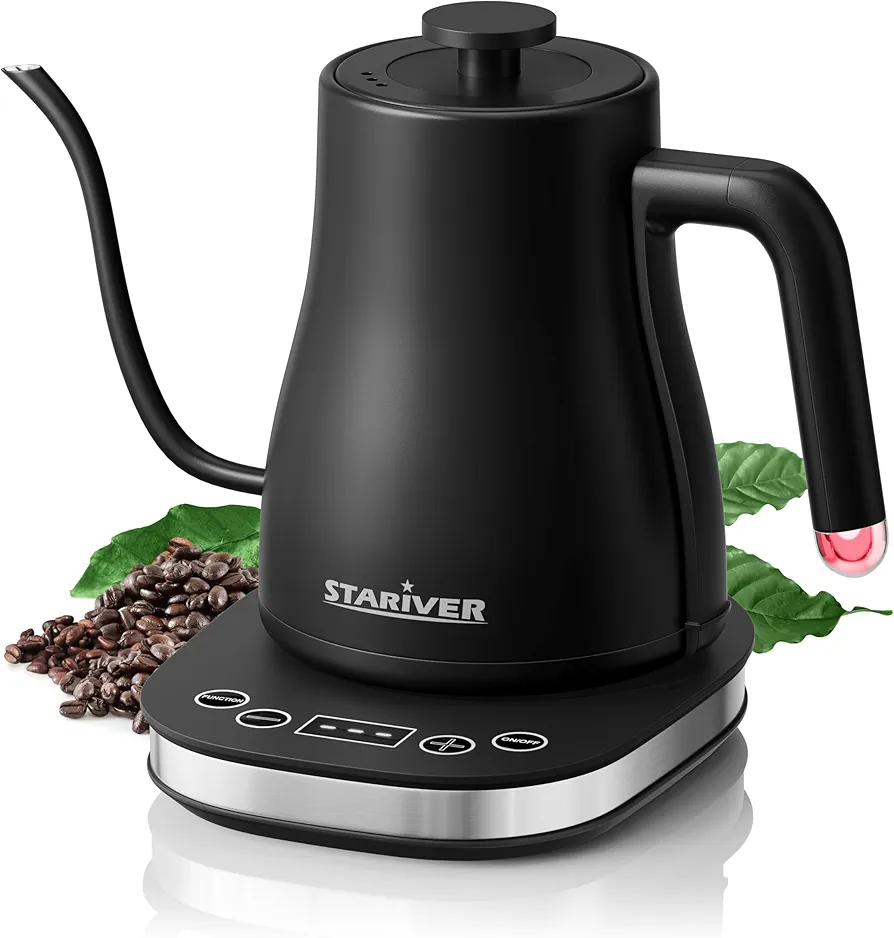 Stariver Gooseneck Electric Kettle with 5 Temperature Control Presets, Pour Over Coffee Kettle ±2℉ Temp Control, 1.2L Gooseneck Kettle, for Tea& Coffee, Stainless Steel Interior, 1000W, Black