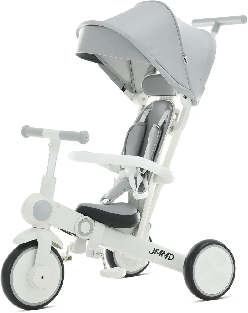 JMMD Baby Tricycle, 7-in-1 Multifunctional Kids Trike with Adjustable Parent Handle, Safety Harness & Wheel Brakes, Removable Canopy, Stroll Trike for Boys & Girls Ages 18 Months-5 Years, Gray