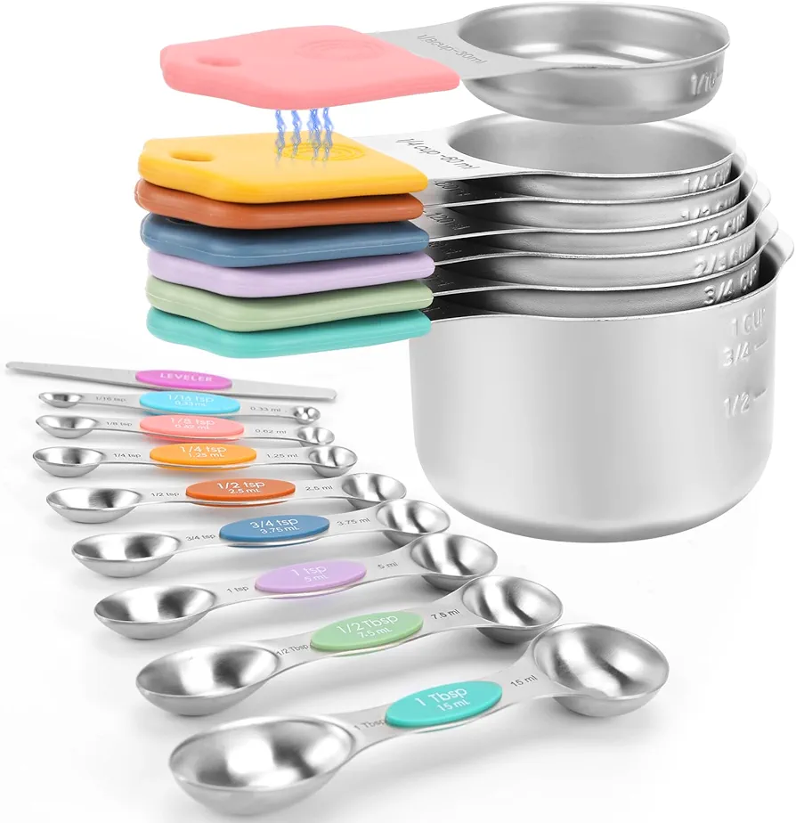 Magnetic Measuring Cups and Spoons Set-Heavy Duty 304 Stainless Steel，Double Measurement Markings，Set of 16 with Leveler for Measure Dry and Liquid Ingredients (Color)