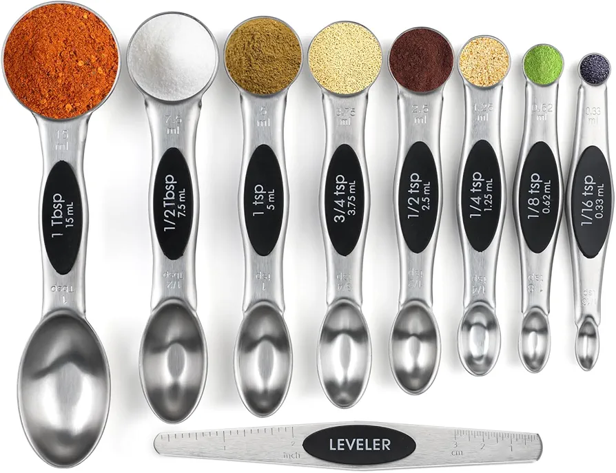 Magnetic Measuring Spoons Set of 9 Stainless Steel Dual Sided Nesting Stackable Teaspoon Tablespoon for Measuring Dry and Liquid Ingredients