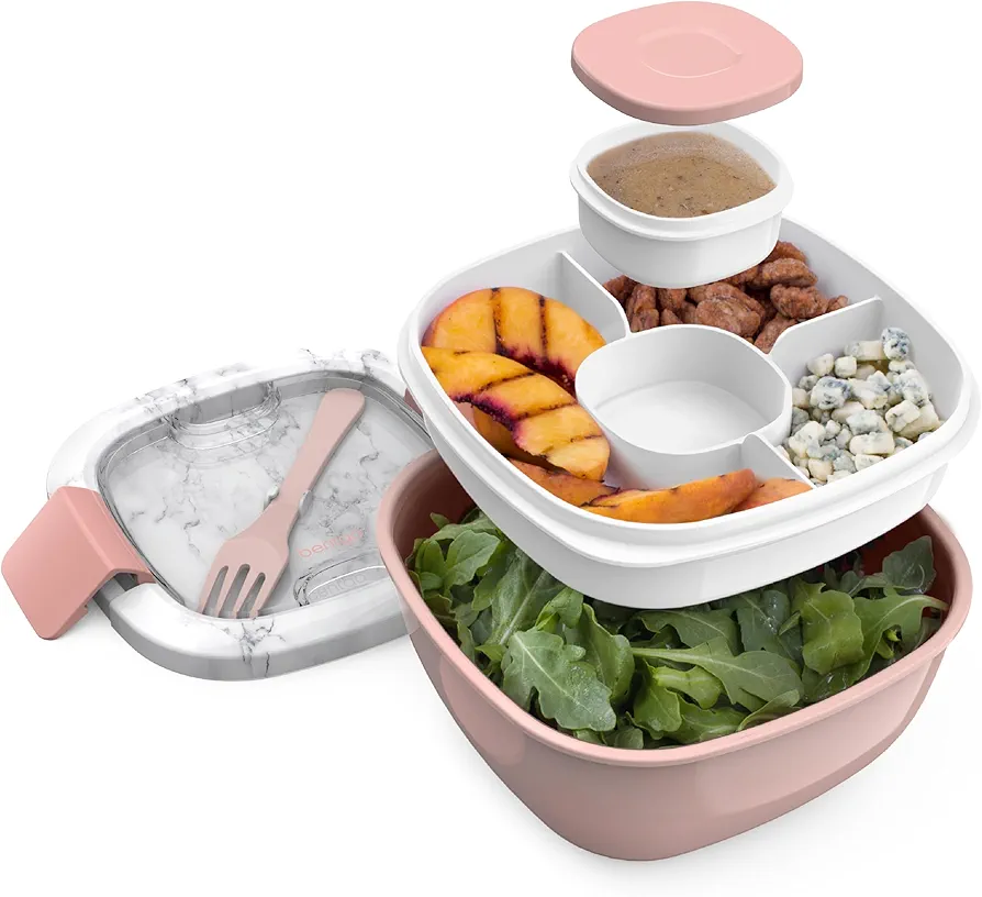 Bentgo All-in-One Salad Container - Large Salad Bowl, Bento Box Tray, Leak-Proof Sauce Container, Airtight Lid, & Fork for Healthy Adult Lunches; BPA-Free & Dishwasher/Microwave Safe (Blush Marble)