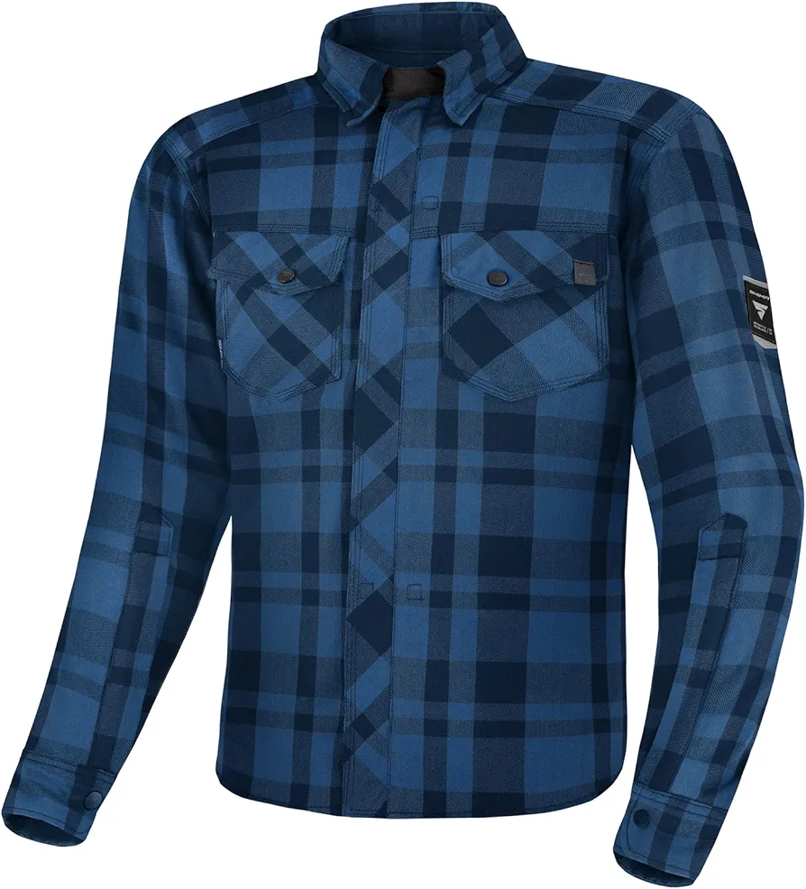 SHIMA RENEGADE MEN 2 Motorcycle Shirt for Men - Armored Plaid Biker Flannel Jacket with FiberQL - Aramid and Cooling layer, CE Back, Shoulder, Elbow Protectors, Zipper and Snap Closure (Blue, M)