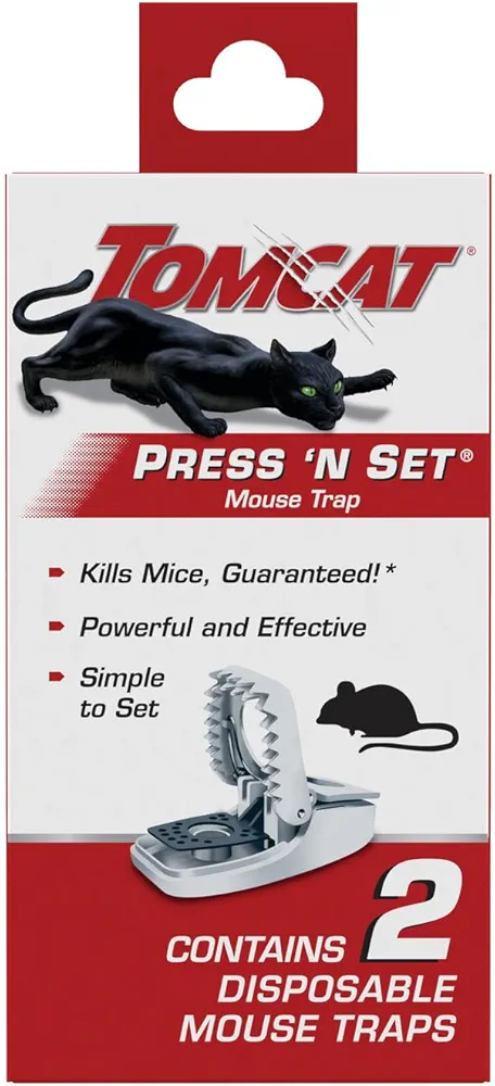 Tomcat Press 'N Set Mouse Trap for Indoor or Outdoor Use, Plastic Spring-Loaded Mouse Killer with Grab Tab, 2 Traps