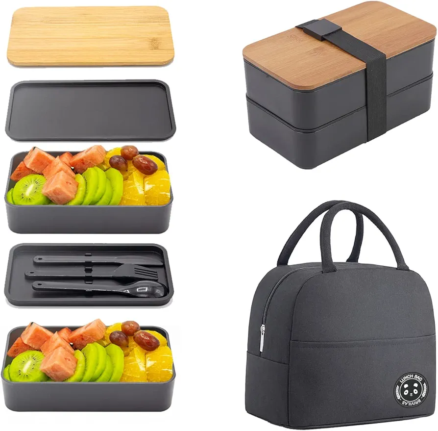 Bento Box Adult Lunch Box with lunch bag, Japanese Stackable Lunch Box Containers for Adult, Bento lunch Box with Dividers Black