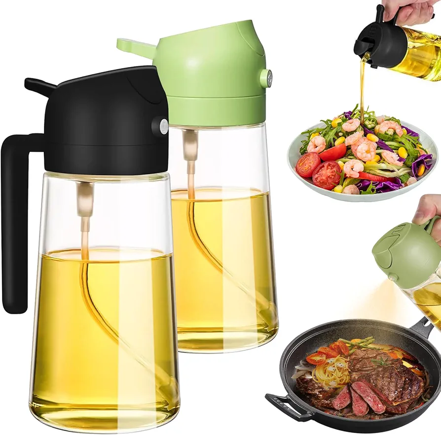 Oil Dispenser for Kitchen, 2 in 1 oil Dispenser and Oil Sprayer, 470ml Oil Sprayer for Cooking, Food Grade Oil Mist Spray Bottle, Oil Sprayer for Cooking, Air Fryer (Black & Green)