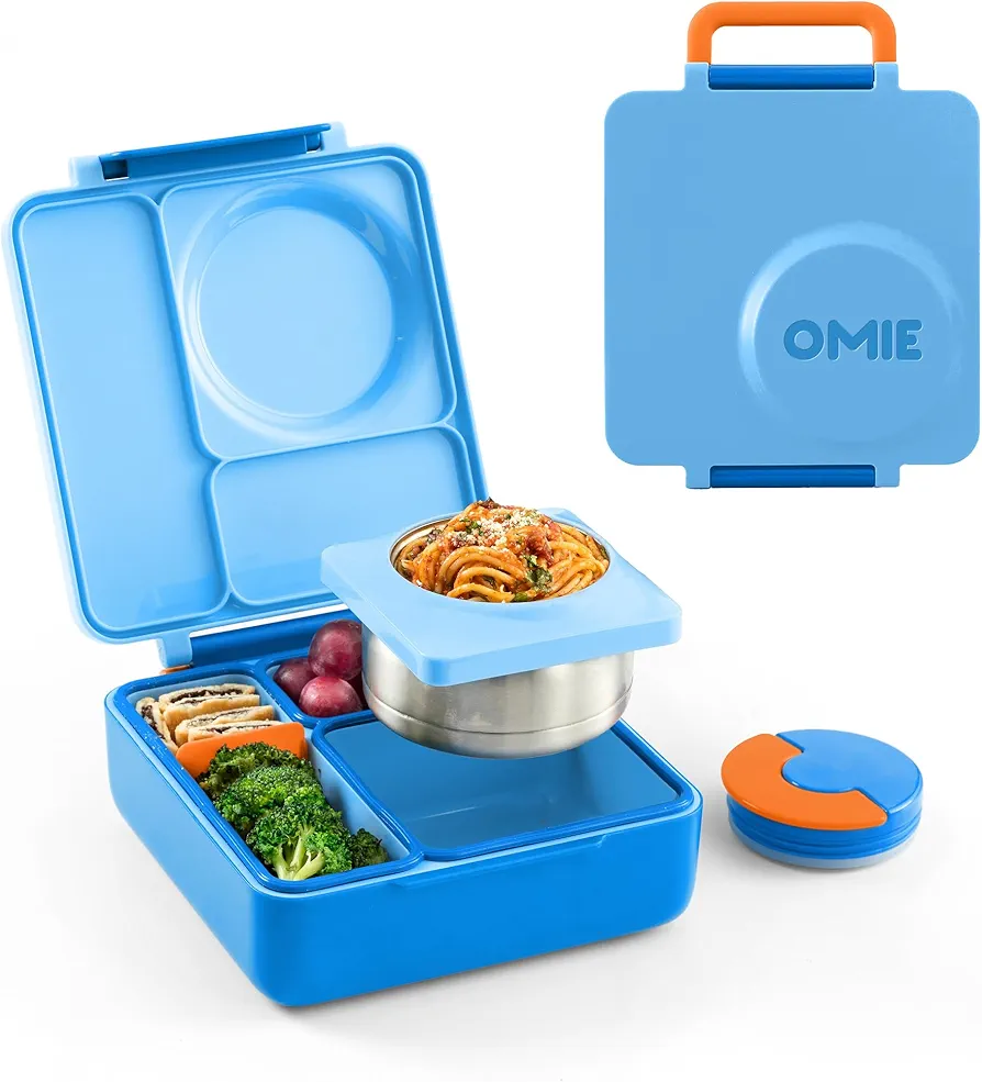 Omie OmieBox Bento Box for Kids - Insulated Lunch Box with Leak Proof Thermos Food Jar - 3 Compartments, 2 Temperature Zones (Blue Sky)