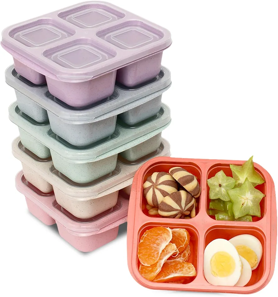 6 Pack Snack Containers, 4 Compartment Snack Box Containers Bento Snack Box, Reusable Meal Prep Lunch Containers for Adults Kids Toddler, Divided Food Containers for Travel Work School