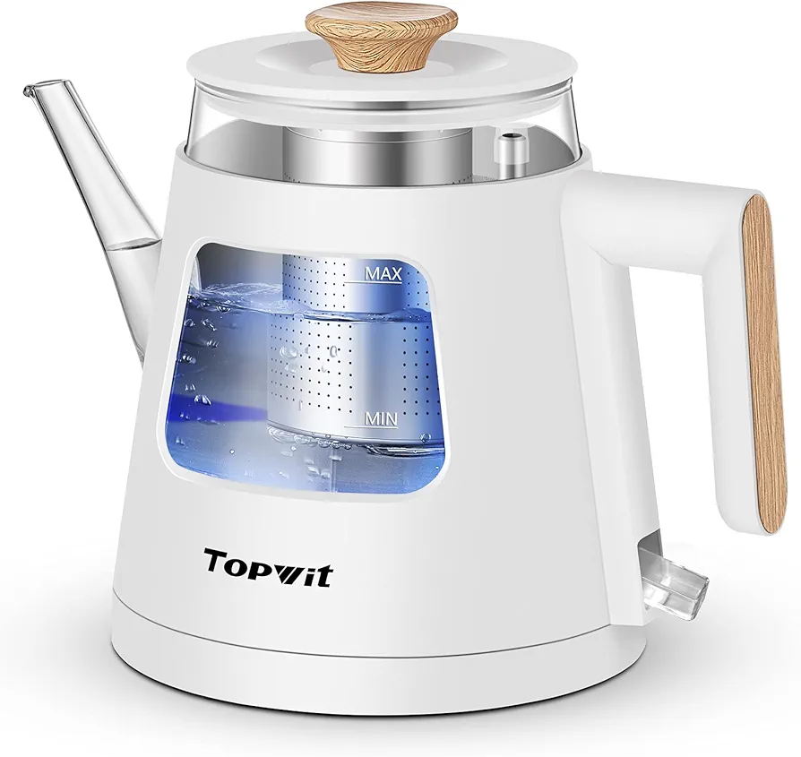 TOPWIT Electric Kettle, 1.0L Electric Tea Kettle with Removable Stainless Steel Infuser, BPA-Free Electric Glass Kettle with Window, Double Wall Water Warmer, Gooseneck Kettle, Auto-shut Off, White