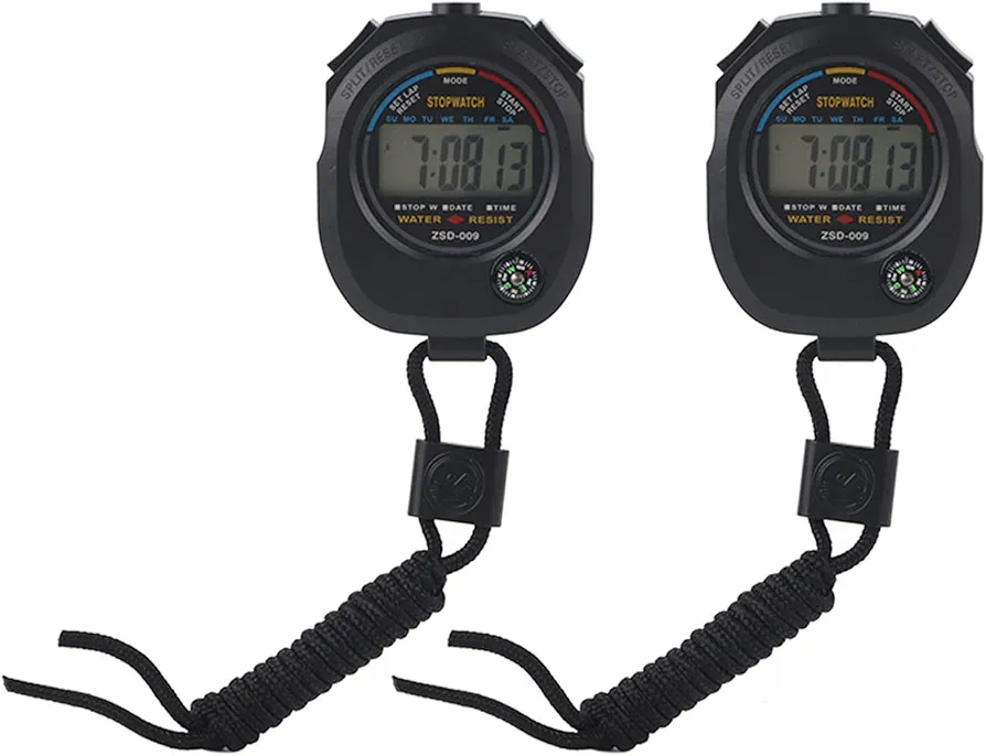 Stopwatch Timer, 2 Pcs Digital LCD Stopwatch Timer, Multifunctional Referee and Athletic Meetings Timer for Racing, Running, Swimming, etc, Time, Calendar and Alarm Display