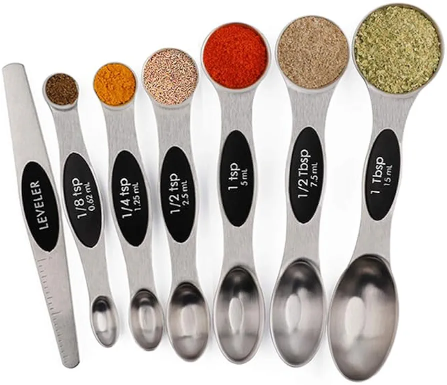 Magnetic Measuring Spoons Set of 7 with Leveler Stainless Steel Dual Sided Stackable Teaspoon Tablespoon Measure Spoons Metal Kitchen Gadgets for Baking Cooking Spice Jars Dry Liquid