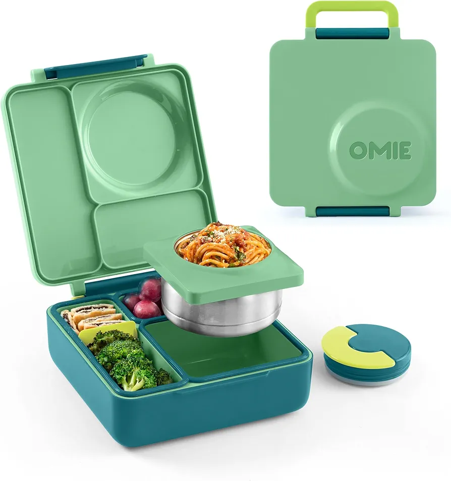 Omie OmieBox Bento Box for Kids - Insulated Lunch Box with Leak Proof Thermos Food Jar - 3 Compartments, 2 Temperature Zones - (Meadow) (Single)