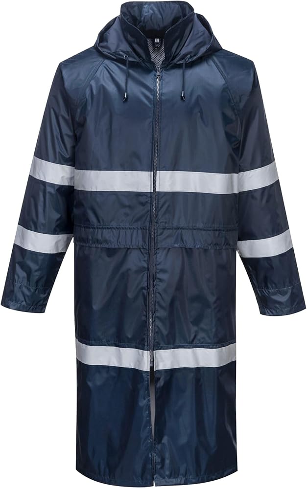 Portwest F438 Men's Waterproof Raincoat - Reflective Long Rain Jacket with Hood and Pockets Navy