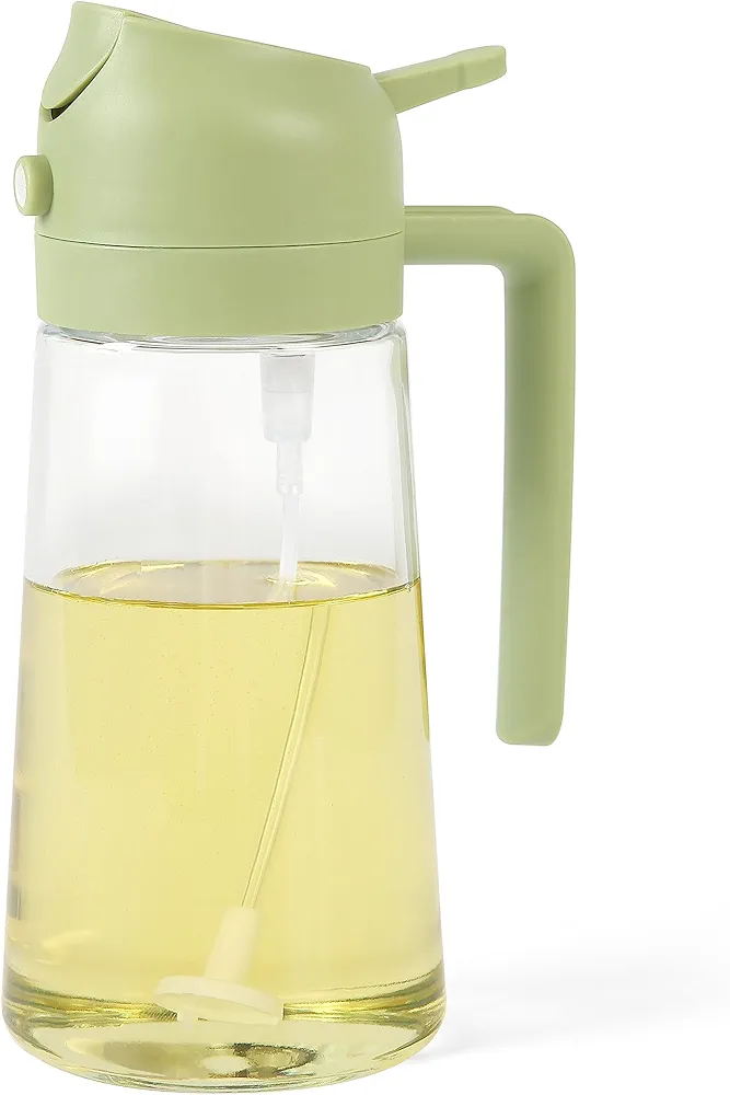 Oil Sprayer for Cooking,2 in 1 Glass Olive Oil Sprayer and Oil Dispenser14.5oz/430ml Oil Spray Bottle (Green)